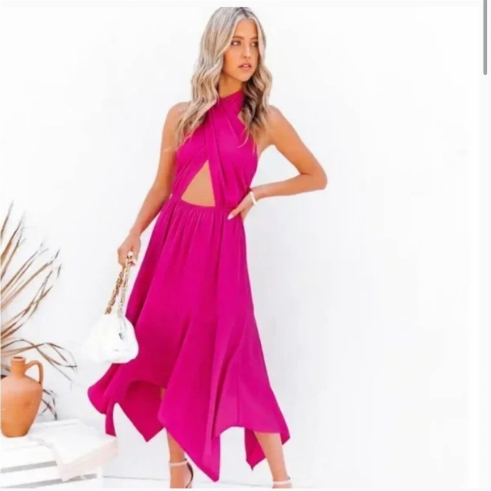 Vici Tie Neck Hot Pink Dress